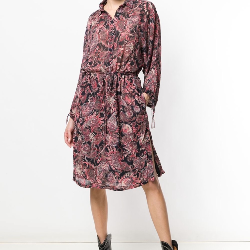 IRO black Placid print dress collared button down drawstring waist sleeve draw